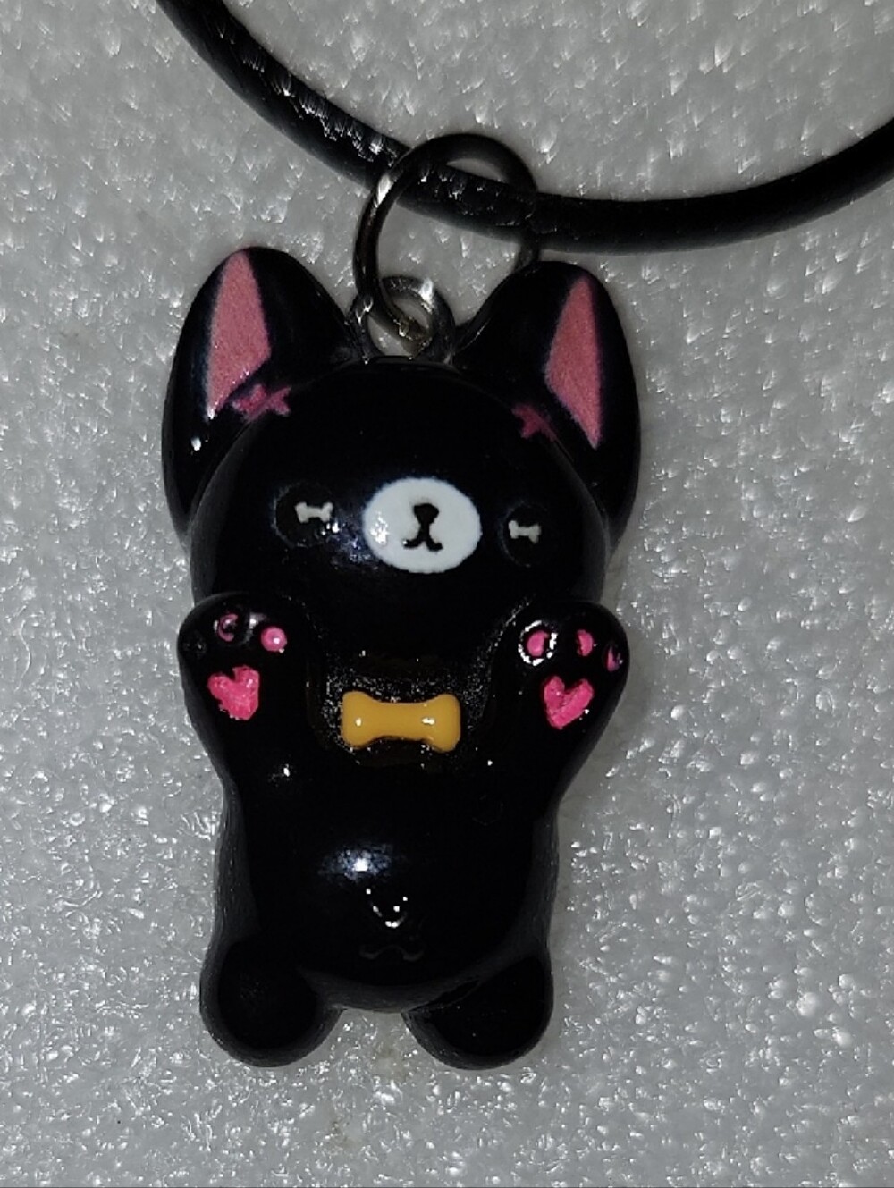Cute Black Cat / Dog / Frenchie ? Pendant Necklace with Pink Accents